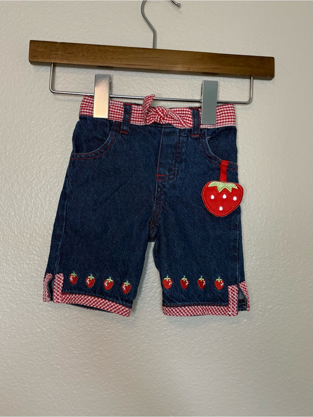 Vintage 90s y2k strawberry pants baby summer gingham print 3-6months